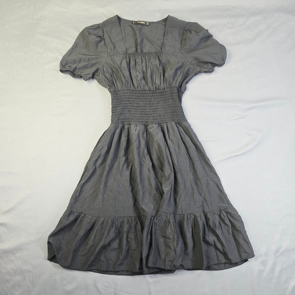 Hesperus Smocked Waist Mini Dress Women's Small Black Puff Sleeve Tiered Ruffle